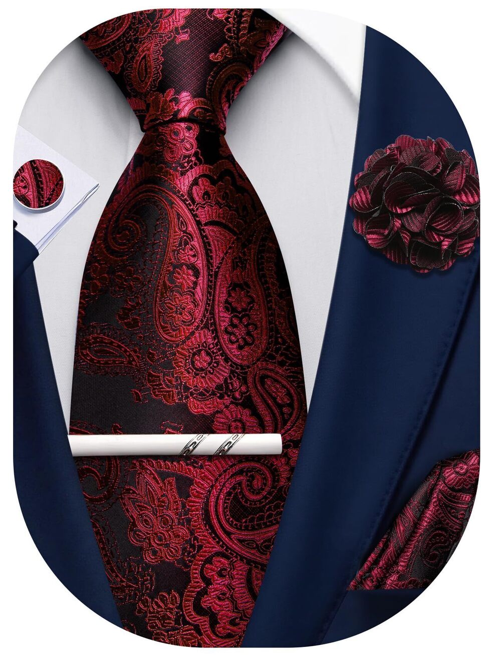 7360 Black Wine Red Paisley Ties Silk Woven Necktie Pocket Square Cufflinks